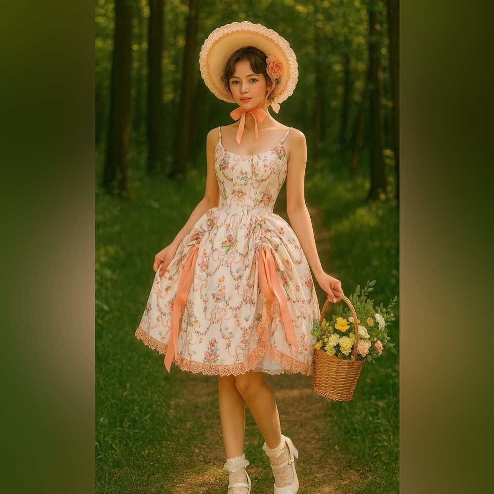 Victorian style Sugar‎ Thrillz Floral Mini Dress with Peach Accents Sz Small